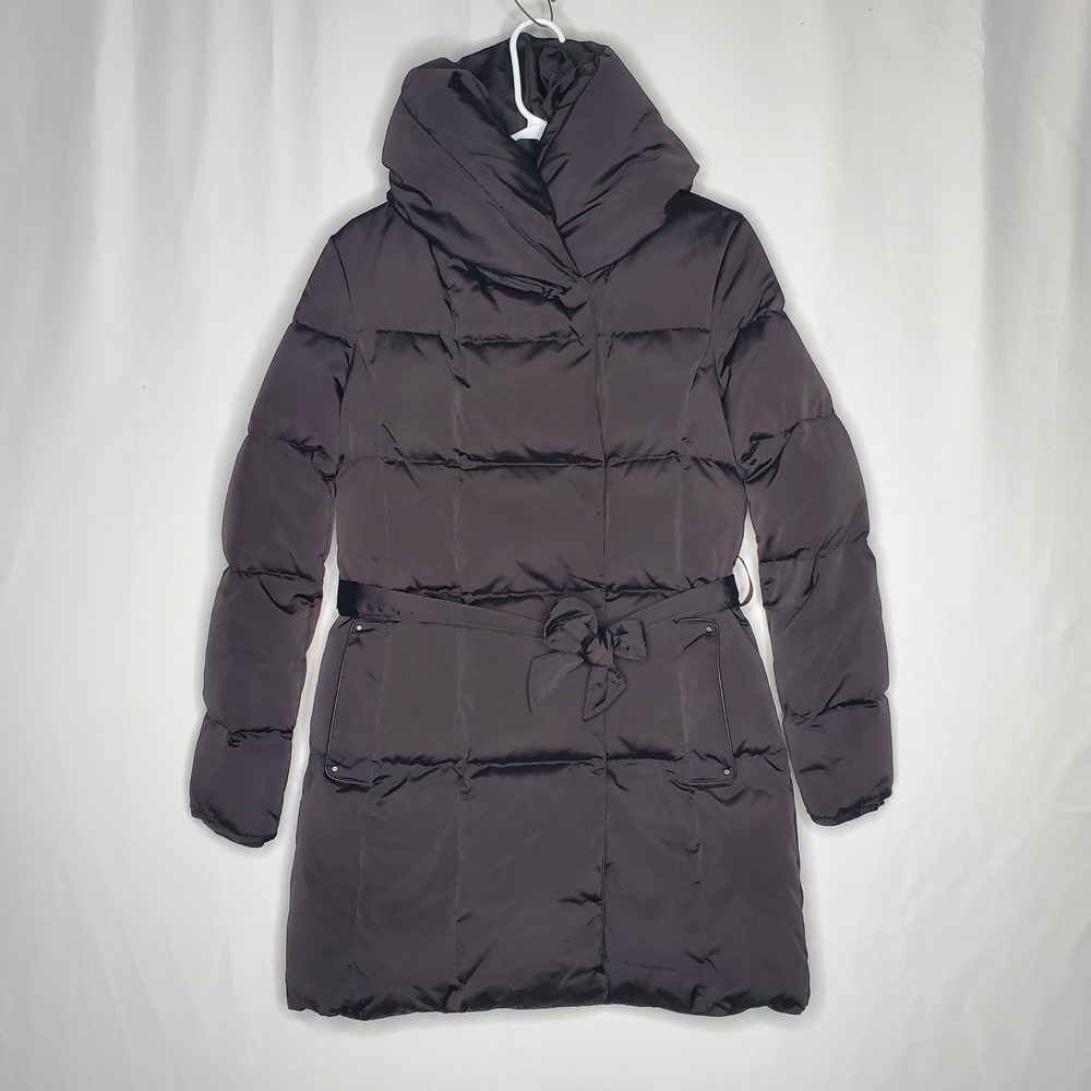 Massimo Dutti Down Puffer Coat Women's Medium Black Snap Pocket Hood Belt Winter